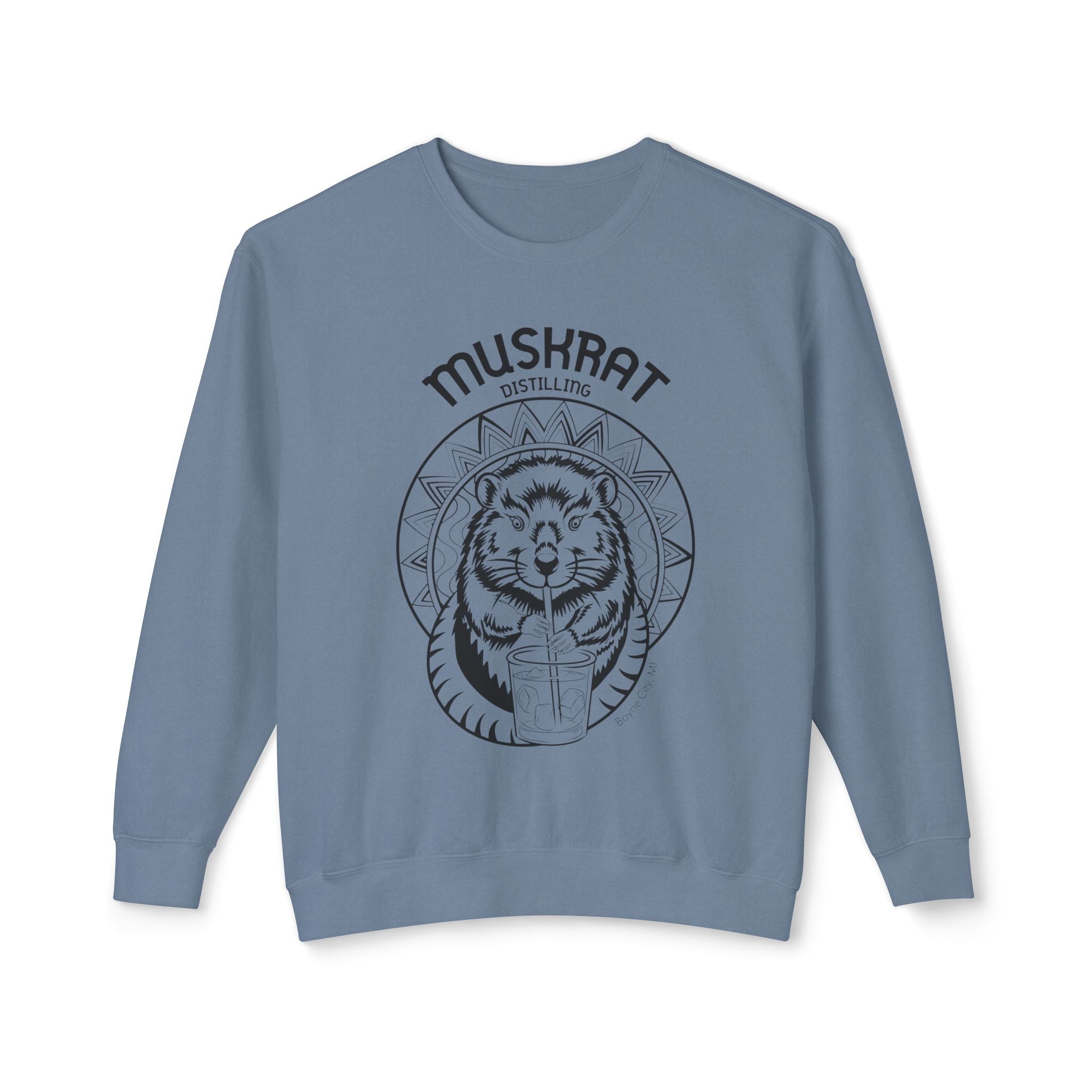 Muskrat Distilling Crewneck Sweatshirt — Vintage Muskrat Logo Cozy Pullover
